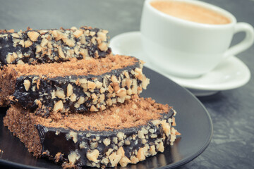 Fresh pastry made of zucchini and cup of coffee. Delicious dessert
