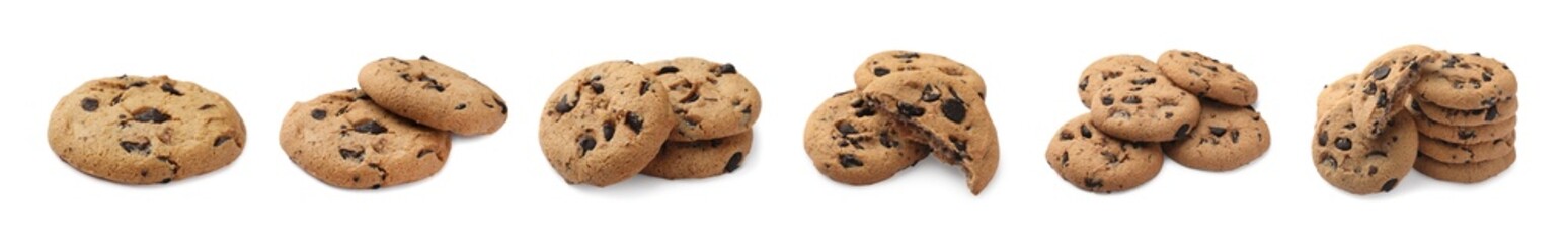 Tasty chocolate chip cookies on white background, collage design