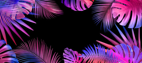 Frame of different tropical leaves in neon colors on black background, banner design. Space for text