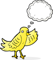 cartoon waving bird with thought bubble