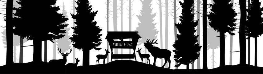 Black silhouette of wild animals, deer and deer family at feeding station in the forest landscape panorama illustration icon vector for adventure hunting wildlife logo, isolated on white background © Corri Seizinger