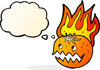 cartoon flaming pumpkin with thought bubble