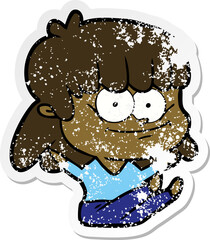 distressed sticker of a cartoon smiling woman