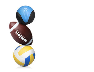 Stack of sport and medicine balls on white background