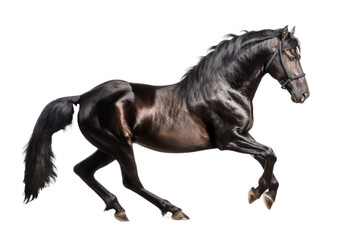 Fototapeta na wymiar an isolated dark brown and black horse running, jumping, side view portrait, equestrian-themed photorealistic illustration on a transparent background cutout in PNG, Generative AI