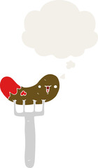 cartoon sausage and fork and thought bubble in retro style