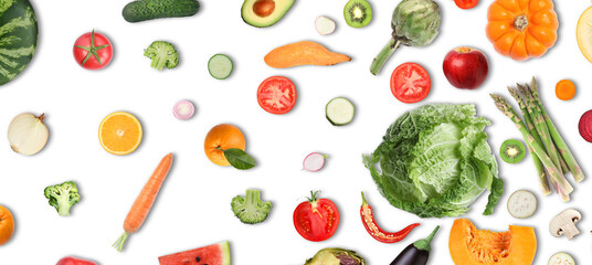 Collage with many vegetables and fruits on white background, top view