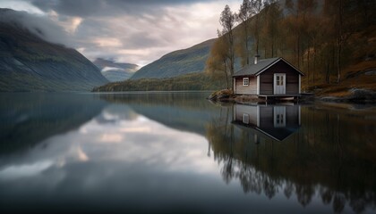 Fototapeta premium A tranquil morning view of a house reflecting in the glassy lake, surrounded by breathtaking nature and majestic mountains.