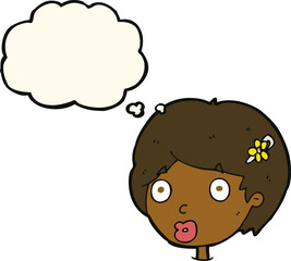 cartoon surprised female face with thought bubble