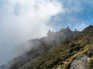 Beautiful view from Fansipan mountain with a Buddhistic temple. Sa Pa, Lao Cai Province, Vietnam.