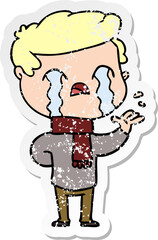 distressed sticker of a cartoon man crying wearing winter scarf