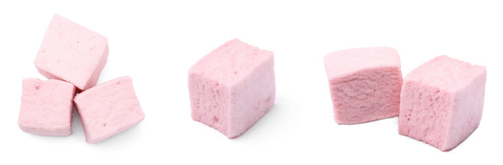 Obraz na płótnie Canvas Collage with tasty pink marshmallows on white background