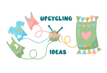 Vector cartoon illustration of upcycling process on white background. Idea to recycle old clothes to blanket and reduce waste. Ecological environmentally friendly idea to upcycle for design or concept