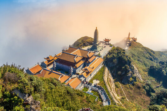 Beautiful view from Fansipan mountain with a Buddhistic temple. Sa Pa, Lao Cai Province, Vietnam.
