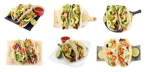 Delicious tacos isolated on white, collage design