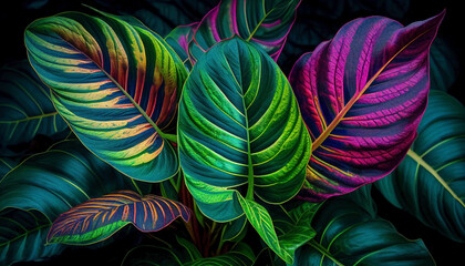 Maranta leuconeura colorful leaves background. Plant in the family Marantaceae. Native to the Brazilian tropical forests. Lush leaves of an exotic jungle with abundant vegetation. Ai generated.