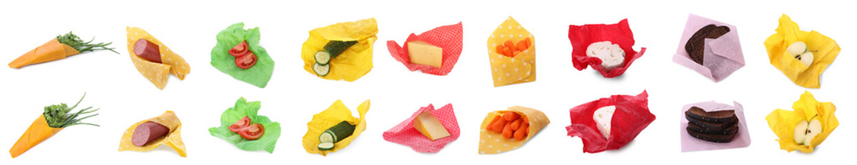 Collage of different food products in beeswax food wraps isolated on white, top and side views