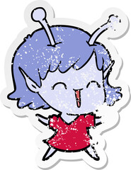 distressed sticker of a cartoon alien girl laughing