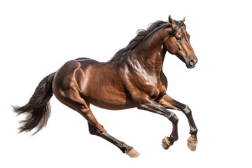 Obraz na płótnie Canvas an isolated dark brown and black horse running, jumping, side view portrait, equestrian-themed photorealistic illustration on a transparent background cutout in PNG, Generative AI