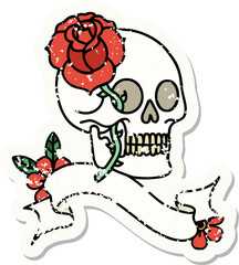 grunge sticker with banner of a skull and rose