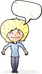 cartoon woman shrugging shoulders with speech bubble
