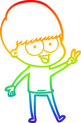 rainbow gradient line drawing happy cartoon boy waving