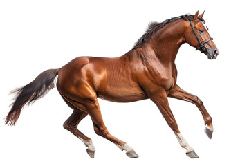 an isolated brown palomino horse running, jumping, side view portrait, equestrian-themed photorealistic illustration on a transparent background cutout in PNG, Generative AI