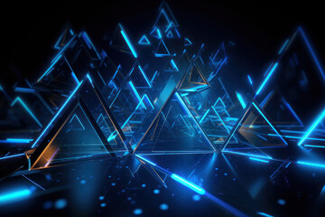 Abstract background. Neon blue triangles. AI generative.