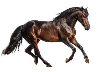 Fototapeta premium an isolated dark brown and black horse running, jumping, side view portrait, equestrian-themed photorealistic illustration on a transparent background cutout in PNG, Generative AI