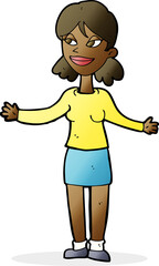 cartoon happy woman shrugging shoulders