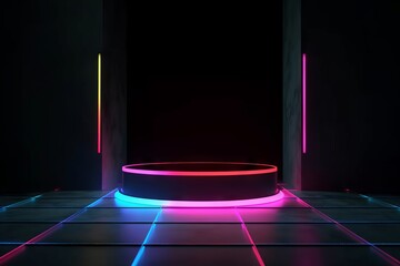 Circle black podium with neon light multicolor dark background, 3D rendering.Generative AI
