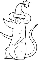 black and white cartoon mouse wearing christmas hat