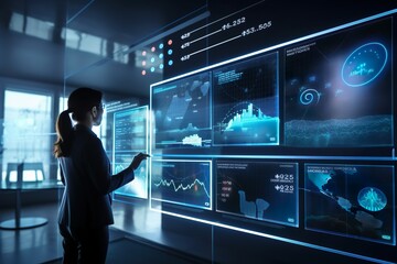 Data visualization reimagined: advisor utilizing KPI dashboard and AI on wall-sized virtual screen with business data analytics graph in futuristic office as staff looks on. artificial intelligence.