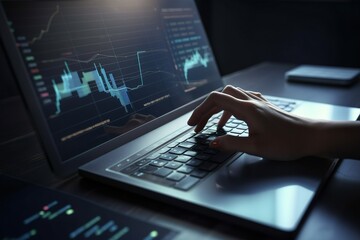 Business finance data analytics reimagined: advisor utilizing AI technology with KPI dashboard for data-driven decision making. Close-up of hand, typing keyboard, AI