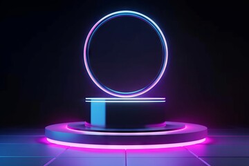 Empty podium floating in the air with line gradient neon ring on background.Generative AI
