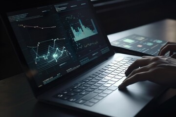 Business finance data analytics reimagined: advisor utilizing AI technology with KPI dashboard for data-driven decision making. Close-up of hand, typing keyboard, AI