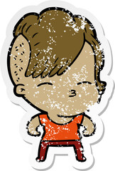 distressed sticker of a cartoon girl muscle posing