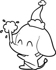 cute line drawing of a elephant spouting water wearing santa hat