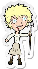 sticker of a cartoon crazy woman with spear