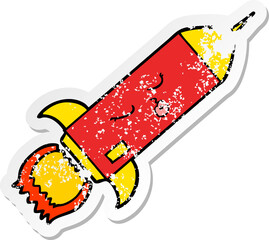 distressed sticker of a cartoon rocket