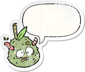 cartoon rotting old pear and worm and speech bubble distressed sticker