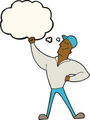 cartoon man striking heroic pose with thought bubble