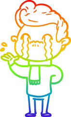 rainbow gradient line drawing cartoon man crying