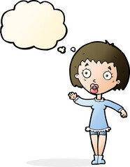 cartoon waving woman with thought bubble