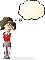 cartoon pretty girl tilting head with thought bubble