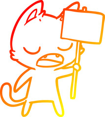warm gradient line drawing talking cat cartoon with placard