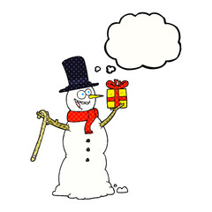 thought bubble cartoon snowman holding present