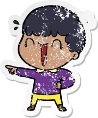 distressed sticker of a laughing cartoon man pointing finger