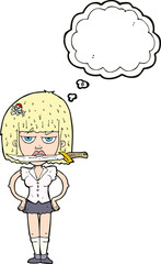 cartoon woman with knife between teeth with thought bubble