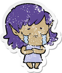 distressed sticker of a cartoon crying elf girl